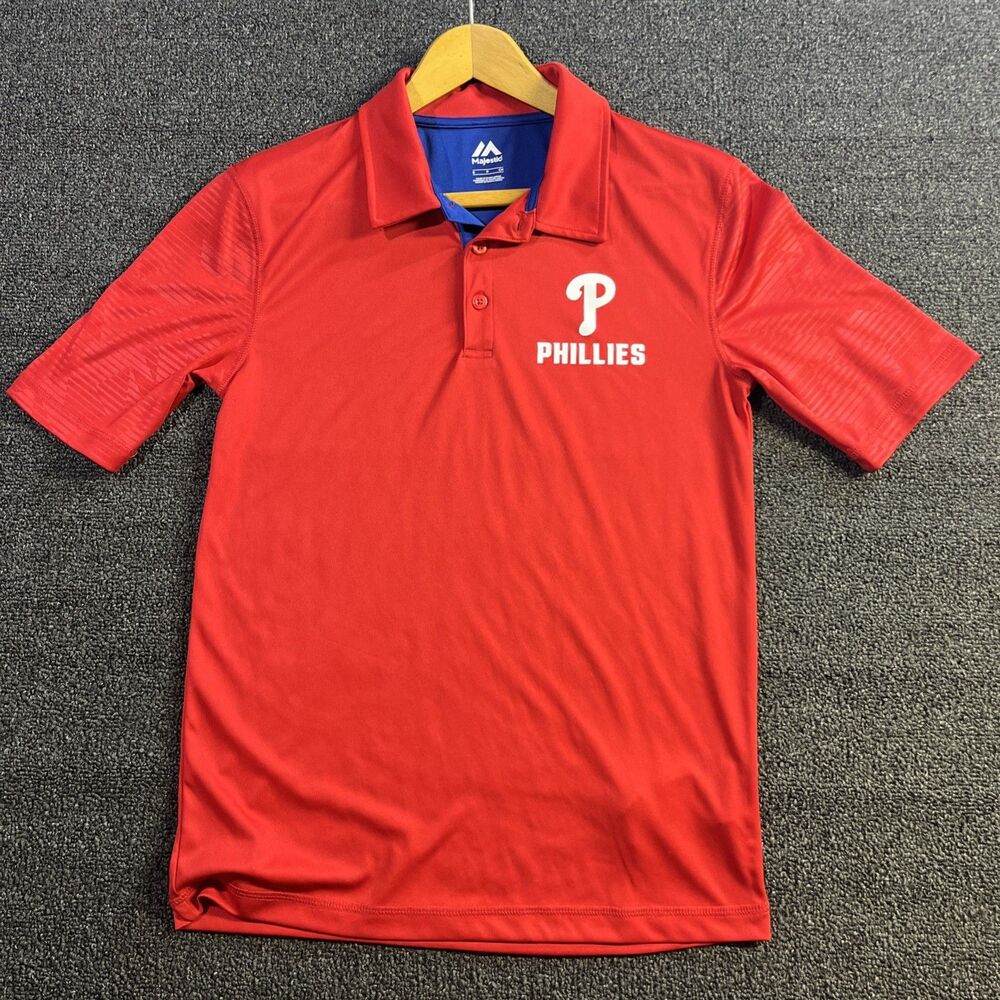 Majestic Phillies Mens‎ S Red Golf Polo Shirt Short Sleeve